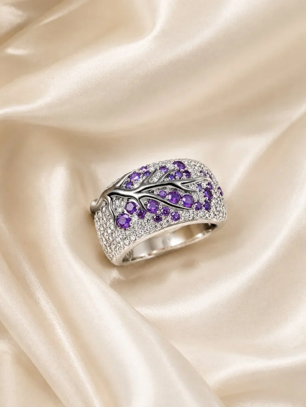 Sterling Silver Tree Branch Purple Clear CZ Statement Ring 925 SZ 8 NWT